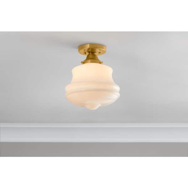 Schoolhouse 10 in. 1-Light Aged Brass Semi Flush Mount with Opal Glass