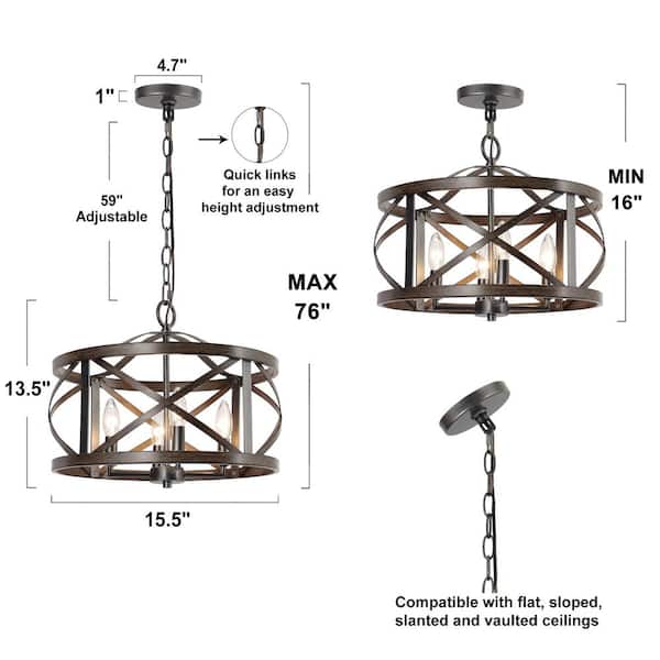 4-Light Rust Black Drum Cage Candlestick Island Chandelier with Faux Wood Accents