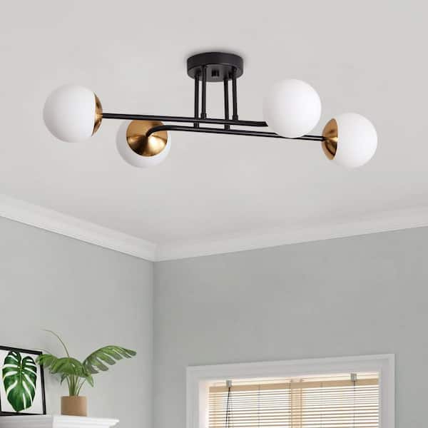 28 in. Modern 4-Light Black Semi Flush Mount Industrial Black and Gold Sputnik Chandelier