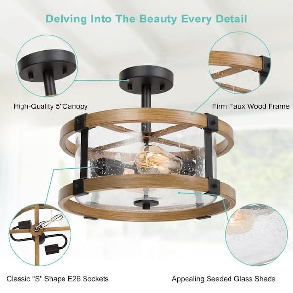 Drum Semi Flush Mount 2-Light Black Modern Bedroom Ceiling Lighting with Round Seedy Glass and Wood Grain Finish