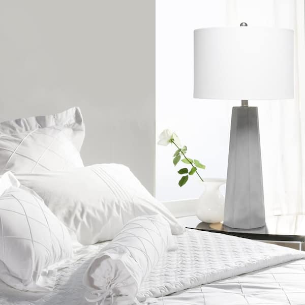 30.5 in. White Concrete Pillar Table Lamp with White Fabric Shade