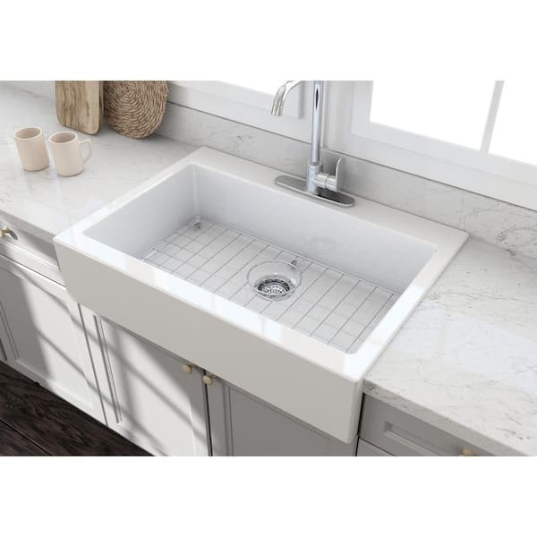 Farmhouse Apron-Front Fireclay 34 in. 3-Hole Single Bowl Kitchen Sink in White with Bottom Grid