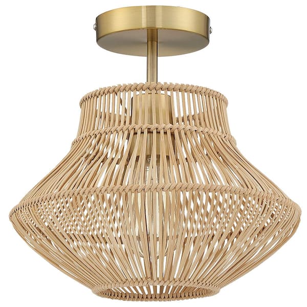 D 12 in. x H 11.3 in. 1-Light Brass/Wheat Bohemian Rattan Semi-Flush Mount Ceiling Light