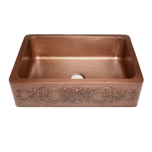 Ganku 33 in. Undermount Farmhouse Single Bowl 16 Gauge Antique Copper Kitchen Sink with Scroll