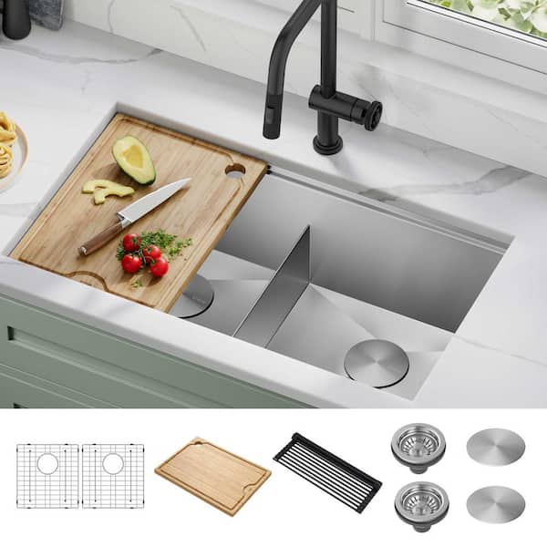 Kore Workstation 33-inch Undermount 16 Gauge Double Bowl Stainless Steel Kitchen Sink with Accessories (Pack of 8)