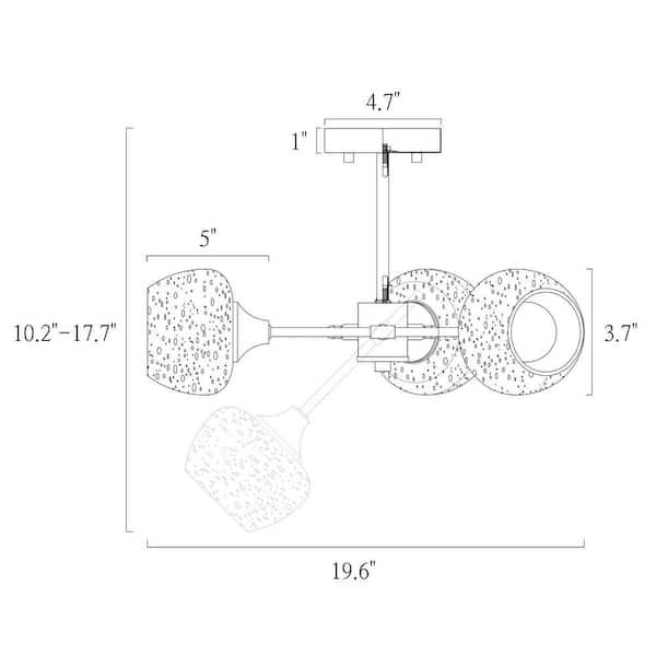 Modern Sputnik Ceiling Light 3-Light Electroplated Brass Semi-Flush Mount Light with Seeded Glass Shades