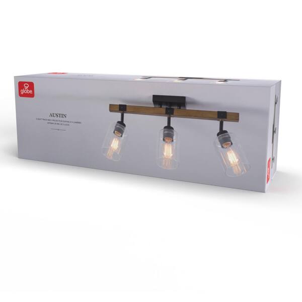 Austin 2 ft. 3-Light Faux Wood Fixed Track Lighting Kit with Matte Black Accents and Clear Glass Shades