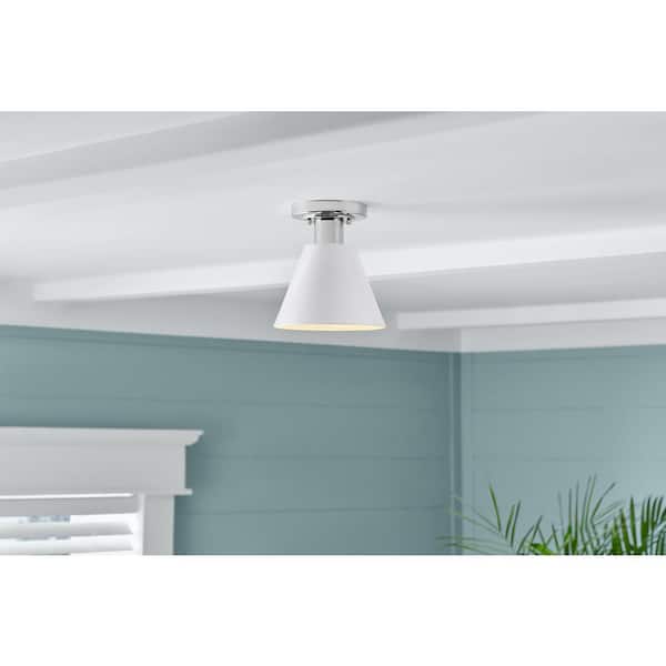 Finley 8 in. 1-Light White and Chrome Semi-Flush Mount Ceiling Light Fixture with Metal Shade