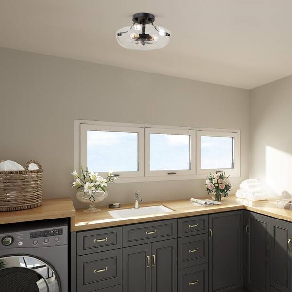 Farmhouse Bowl Ceiling Light 3-Light Industrial Black Breakfast Nook Semi-Flush Mount Light with Seeded Glass Shade