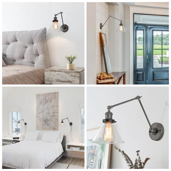 Adjustable 1-Light Black Plug-In or Hardwire Modern Industrial Swing Arm Wall Sconce with Clear Glass Shade