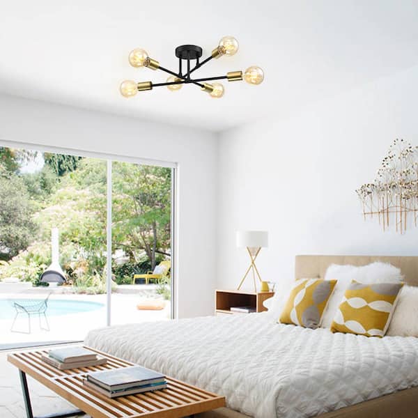 Trident 25.5 in. 6-Light Black and Gold Sputnik Semi Flush Mount Ceiling Light