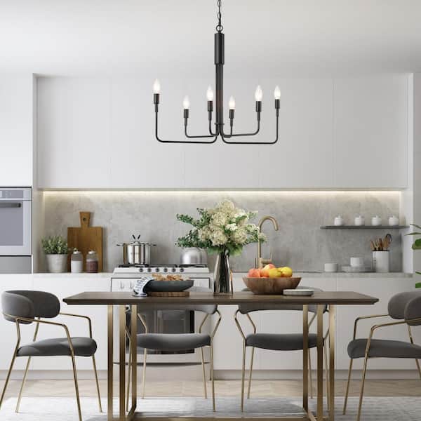 Modern Black Candlestick Oblong Chandelier Farmhouse Irregular Pendant Light 6-Light Transitional Hanging Ceiling Light