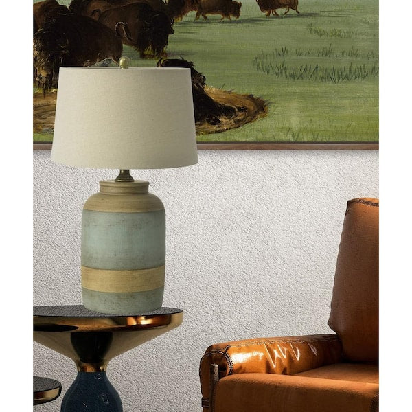 28 in. Weathered Green Casual, Farmhouse Bedside Table Lamp for Living Room, Bedroom with Beige Linen Shade