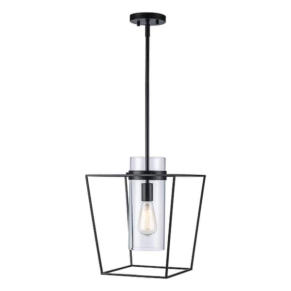 12 in. 1-Light Black Pendant Light Fixture with Clear Glass Cylinder Shade
