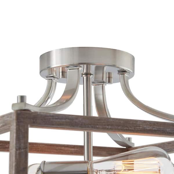 Boswell Quarter 12-1/2 in. 2-Light Brushed Nickel Farmhouse Semi-Flush Mount with Painted Weathered Gray Wood Accents