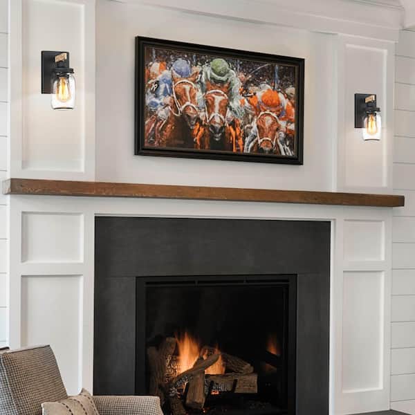 Eliton 1-Light Black/Wood Tone Rustic Farmhouse Wall Sconce with Clear Mason Jar Glass Shades