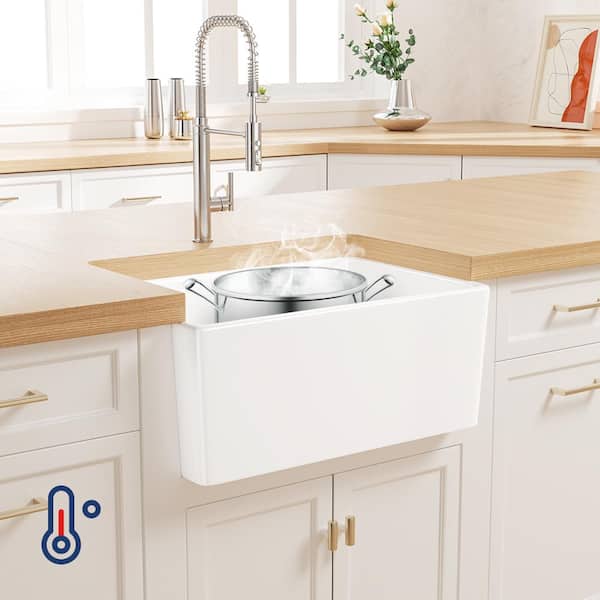 Denbigh Crisp White Ceramic 24 in. Single Bowl Farmhouse Apron Kitchen Sink with Bottom Grid and Basket Strainer