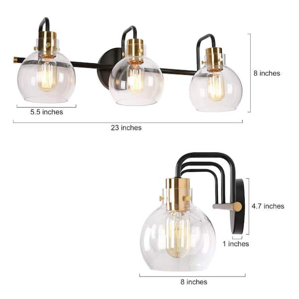 23 in. 3-Light Black Bathroom Vanity Light, Modern Polished Brass DIY Bath Light, Classic Globe Clear Glass Wall Sconce