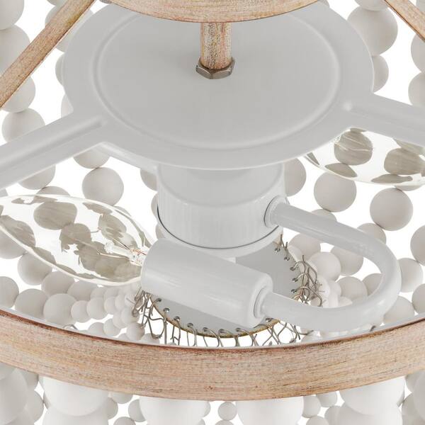 Cayman 13 in. 2-Light White and Faux Wood Beaded Semi-Flush Mount Ceiling Light Fixture with Beaded Shade