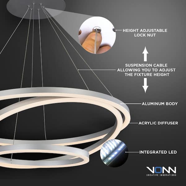 Tania 98-Watt 32 in. ETL Certified Integrated LED Black Chandelier Height Adjustable With 3-LED Circles Hanging Pendant