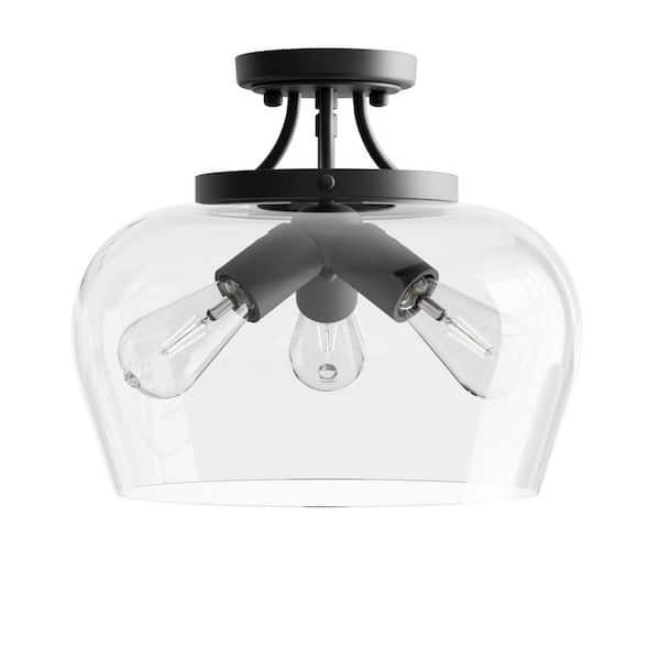 14 in. 3-Light Matte Black Semi-Flush Mount with Clear Glass Shade