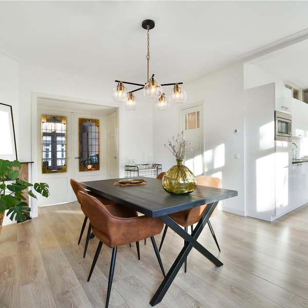 23 in. 5-Light Modern Brass Gold Island Pendant Light, Dining Room Vintage Chandelier, Seeded Glass Black Chandelier