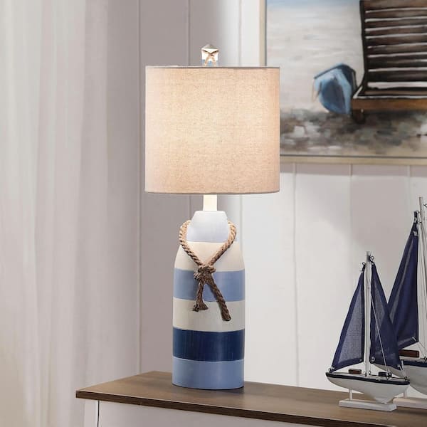 24.5 in. Blue Stripe Table Lamp with White Hardback Fabric Shade