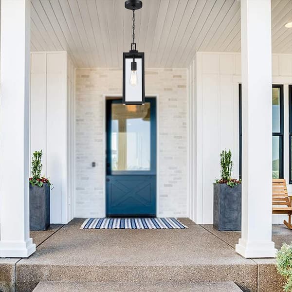 17 in. H 1-Light Matte Black Outdoor Hanging Lantern Pendant