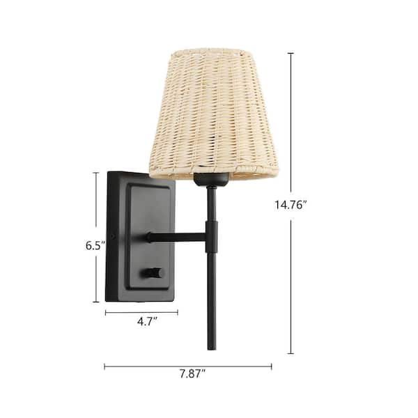 14.7 in. 2-Light Black Wall Sconce Rattan Wrapped Wall Lamp
