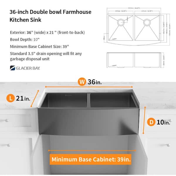 Gunmetal Black Stainless Steel 36 in. 18-Gauge Double Bowl Farmhouse Apron Kitchen Sink