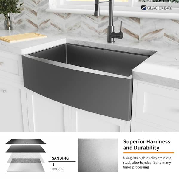 Gunmetal Black Stainless Steel 30 in. 18-Gauge Single Bowl Farmhouse Kitchen Sink with Black Spring Neck Faucet