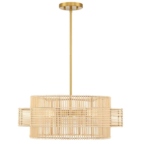Saturn 22 in. 4-Light Brass Modern Bohemian Chandelier with Natural Rattan Shade