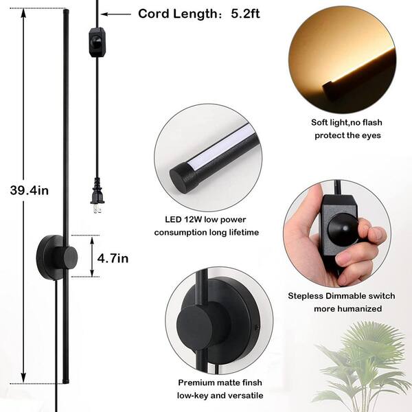2 Light 39.4 in. W Set of 2 Dimmable LED Black Wall Lights Plug in Adjusted 180° Wall Sconce with On/Off Switch