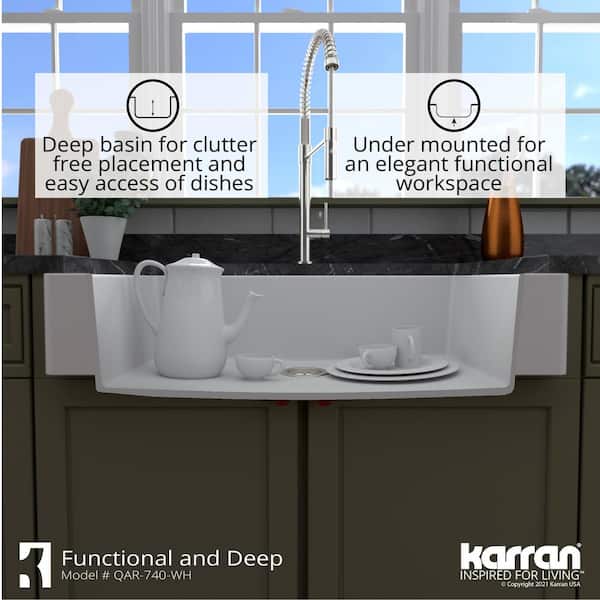 QAR-740 Quartz/Granite 34 in. Single Bowl Retrofit Farmhouse/Apron Front Kitchen Sink in White with Grid and Strainer