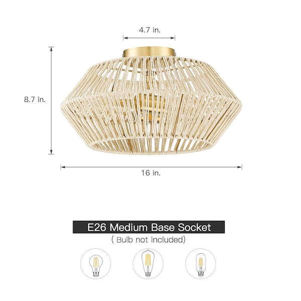 Bohe 16 in. 2-Light Brass/Beige Bohemian Woven Rope Semi-Flush Mount Ceiling Light