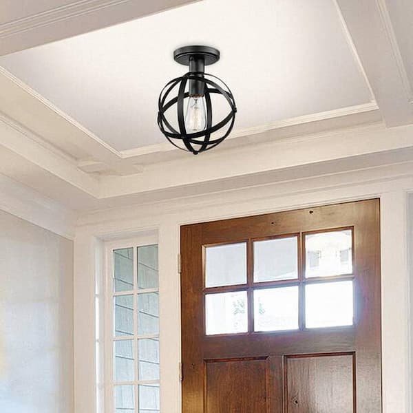 Black Spherical Ceiling Light Fixture, Vintage Semi-Flush Mount Ceiling Light for Hallway Stairway Porch Bedroom Kitchen