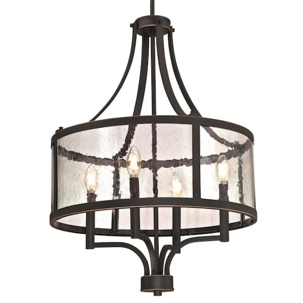 Belle View 4-Light Oil Rubbed Bronze with Highlights Chandelier with Clear Seeded Glass Drum Shade