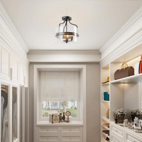 Modern Farmhouse Black Drum 3-Light Candlestick Semi-Flush Mount Ceiling Light with Faux Wood Accent Clear Glass Shade