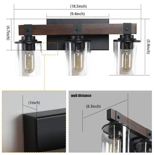 Farmhouse 3-Light Walnut and Black Vanity Lights Wall Sconce