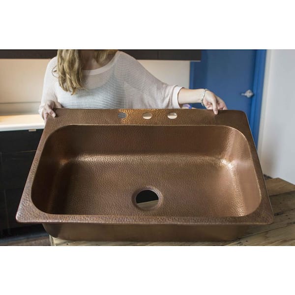Angelico 33 in. 3-Hole Drop-In Single Bowl 17 Gauge Antique Copper Kitchen Sink