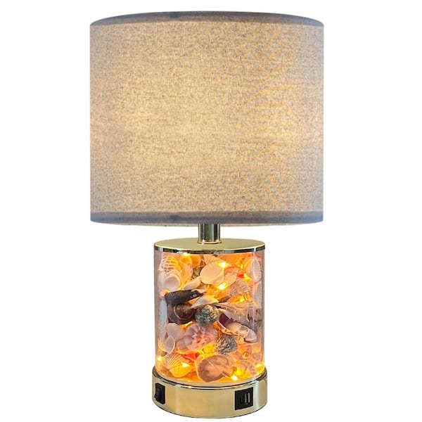 19 in. Gold Table Lamp with Seashell and Night Lights