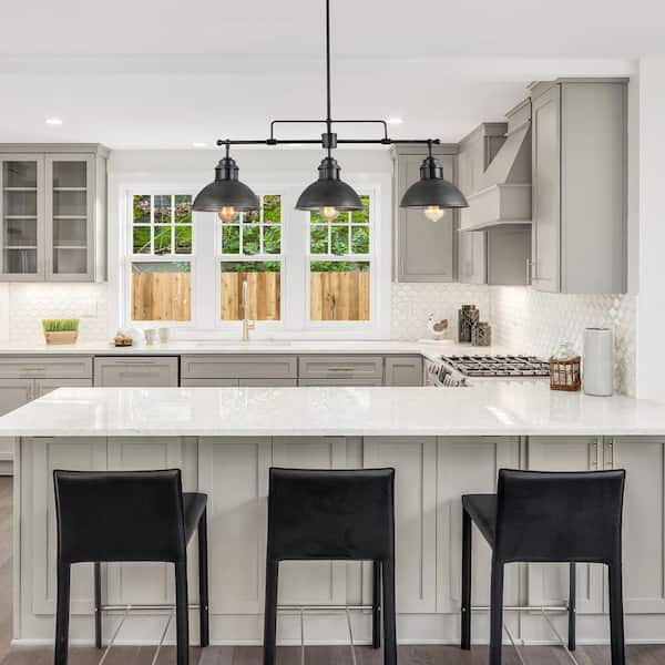 Industrial Black Island Chandelier Farmhouse Barn Pendant Light 3-Light Linear Pendant Light with Brushed Silver Shades