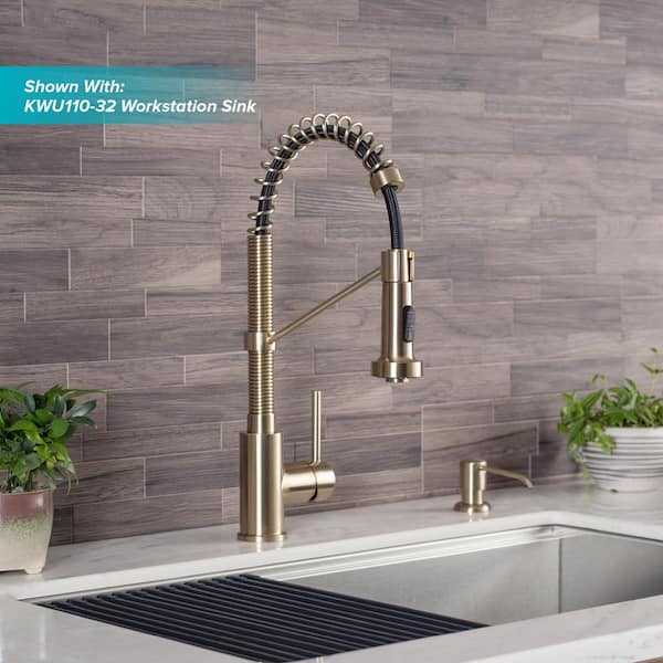 Single Handle 18-Inch Commercial Kitchen Faucet with Dual Function Pull-Down Sprayhead in Brushed Gold Finish