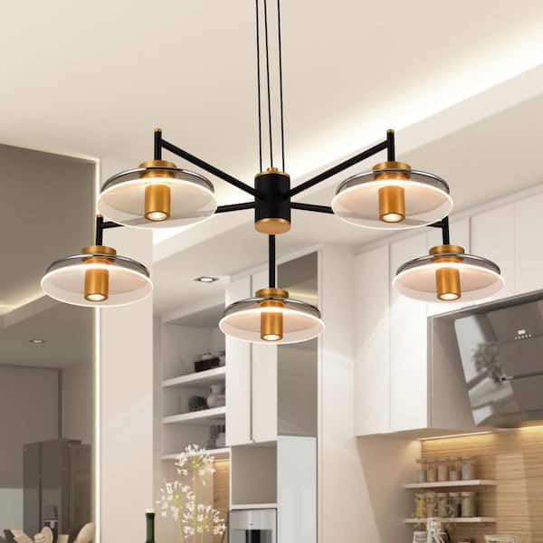 Verona 31 in. 5-Light ETL Certified Integrated LED Black Chandelier Lighting Fixture with Glass Shades