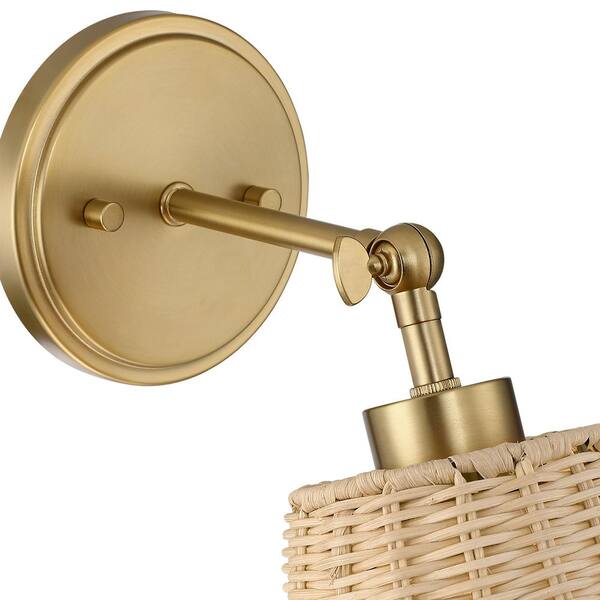 Adella 1-Light Brass Boho Natural Rattan Hardwired Wall Sconce with Adjustable Swivel Swing Arm