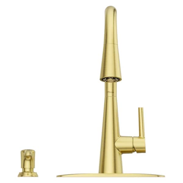 Barullli Single Handle Pull Down Sprayer Kitchen Faucet with Deckplate Included and Soap Dispenser in Brushed Gold