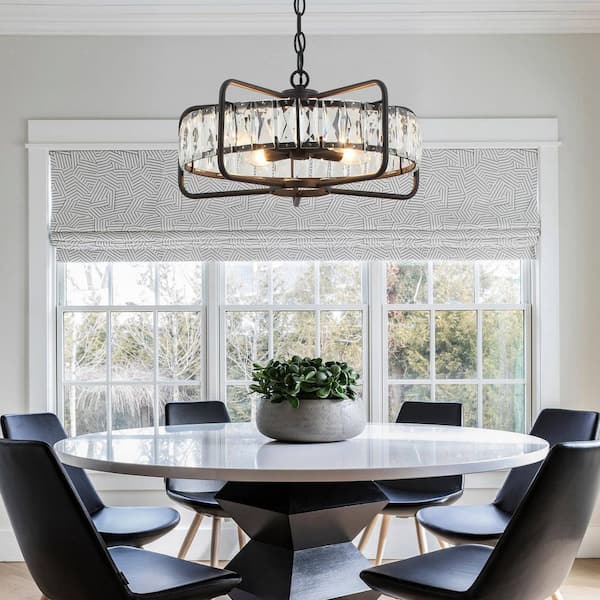 17 in. 4-Light Black Modern Crystal Chandelier with Metal Geometric Frame