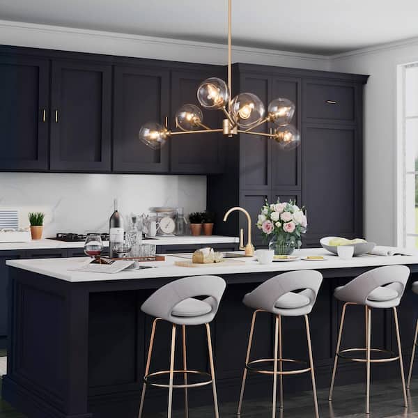 Modern Gold Dining Room Chandelier, Bubble 31.5 in. 6-Light Farmhouse Sputnik Bedroom Chandelier with Clear Glass Shades