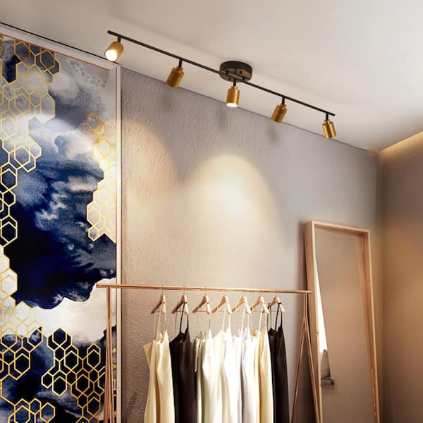 4 ft. 2450 Lumens Black and Brass Modern LED Track Light, 7-Watt 5-Bulb Fixed Rail with Rotating Heads, 3000K