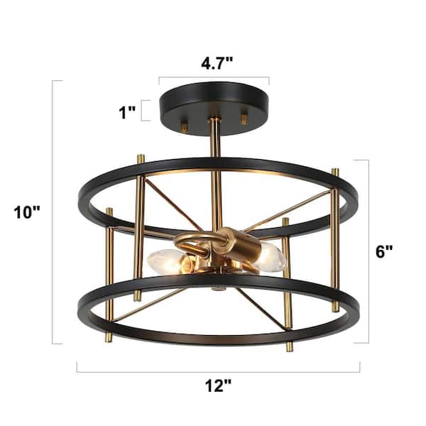 12 in. 2-Light Black Modern Semi-Flush Mount, Brass-Plated Ceiling Light, Farmhouse Open Cage Light Fixture